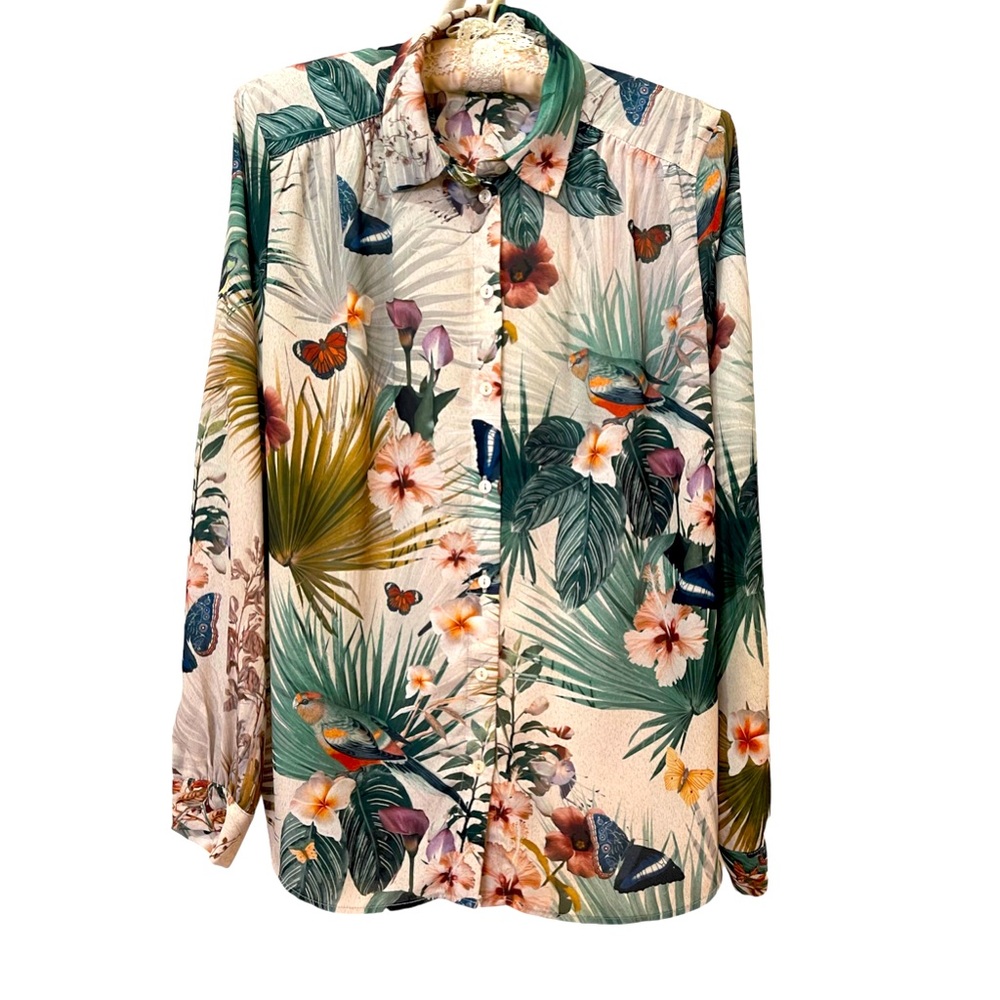 H&M Bird and Butterfly Print Button-Down Blouse, Size 4/36